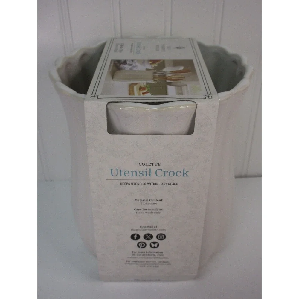 Pioneer Woman Colette Stoneware Utensil Holder White Scalloped Farmhouse Crock